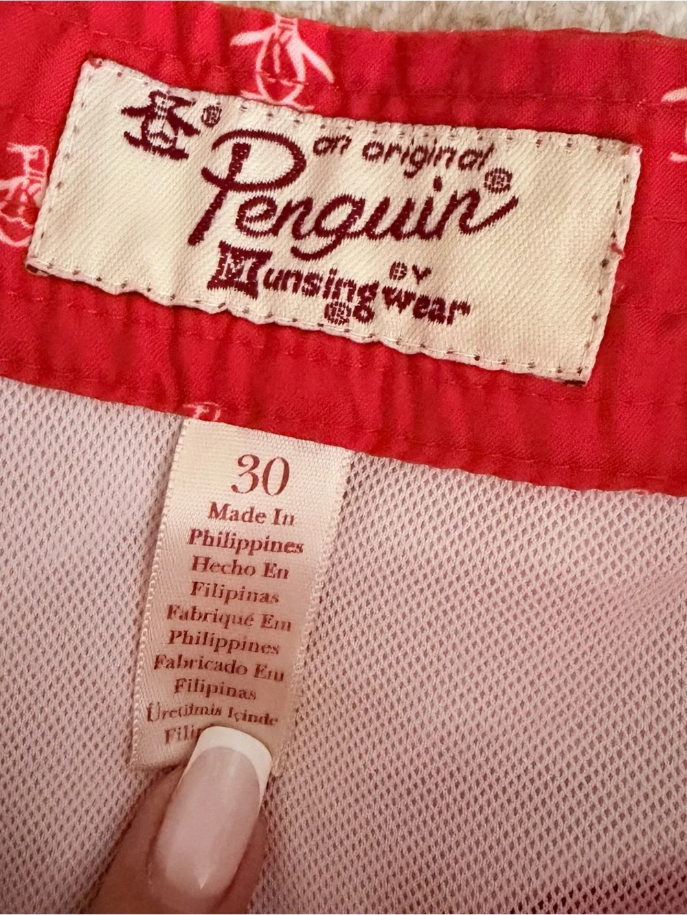 An original PENGUIN Men Swim Short Red Micro Penguin Logo Pattern 30W